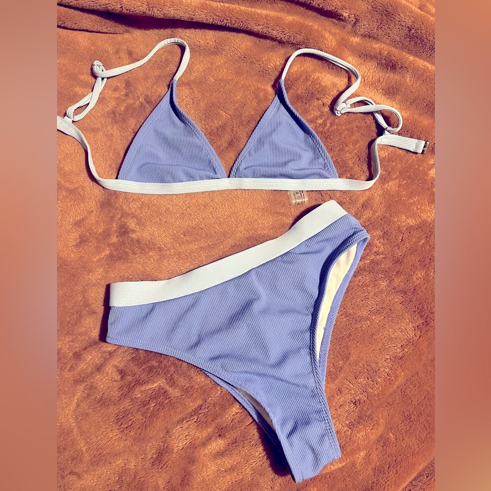 Ribbed Triangle Bikini Set Blue & Light Blue Trim Lightly Lined Hi-Cut Cheeky XS